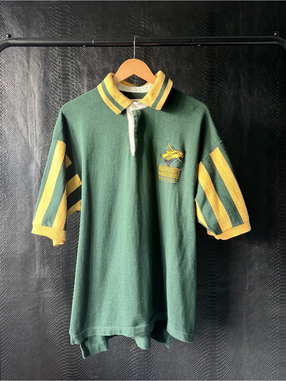 Vintage Dehen USF South Florida Bulls Football Rugby Polo Shirt Green Gold M